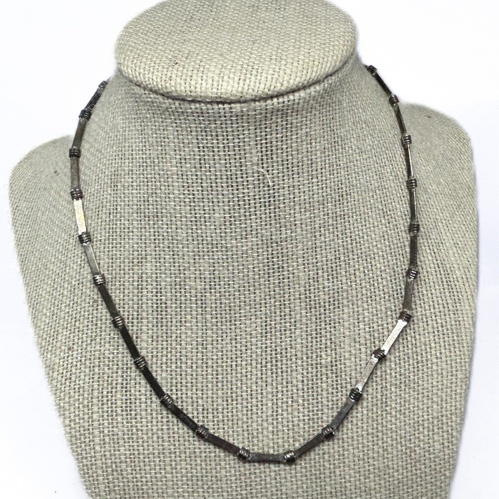 Vintage Silvertone Rectangle Beaded Necklace 16" Retro Festive